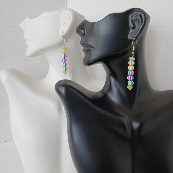 Handmade Rainbow Striped Earrings With Yellow Beads On Silver Plated Fishhooks - Picture 10 of 15